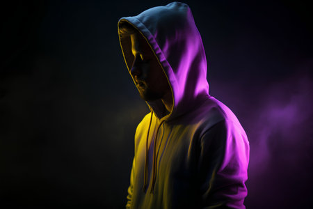Man in a hoodie on a black background with a purple light.の素材