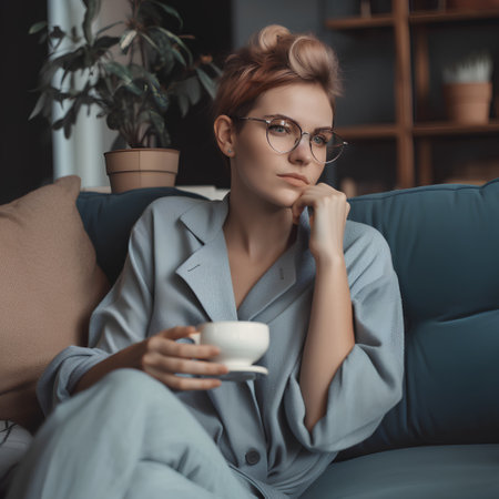 beautiful young woman in eyeglasses sitting on sofa and drinking coffee at homeの素材