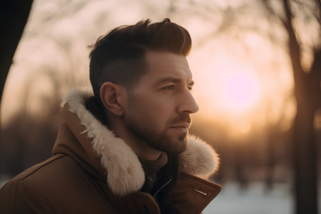 Portrait of a handsome young man in a brown coat on a background of a winter park.の素材