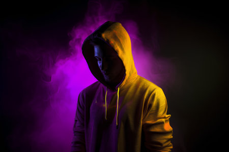 Hooded man in a yellow hoodie with a hood on a dark background with colored smokeの素材