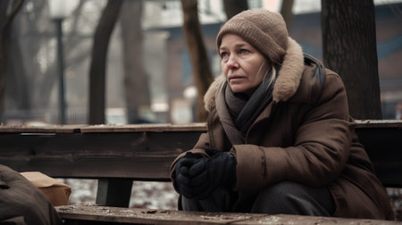 Mature sad woman sitting on a bench in the city. Portraitの素材