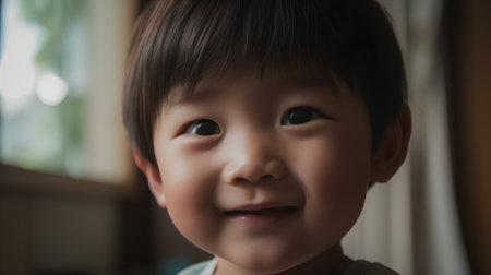 Portrait of a cute asian baby boy smiling and looking at cameraの素材