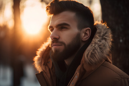 Portrait of a handsome young man with a beard in a brown coat in the park.の素材