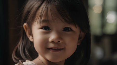 Portrait of cute little asian girl smiling and looking at cameraの素材