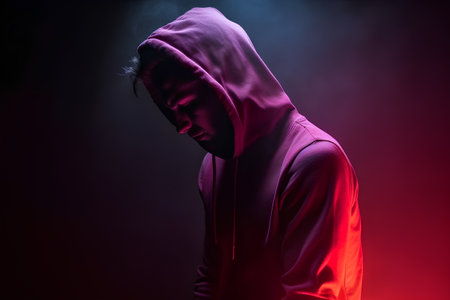 Hooded man in a red hoodie on a dark backgroundの素材