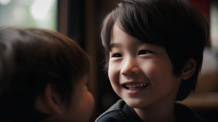Portrait of happy asian boy and girl looking at each otherの素材