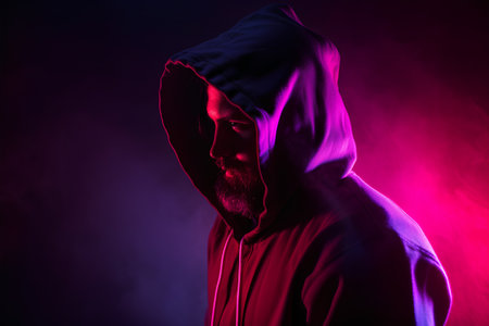 Man in a hood on a black background with a red light.の素材