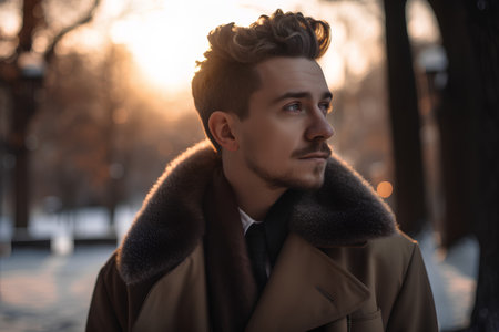 Portrait of a young handsome man in a coat. Men's beauty, fashion.の素材