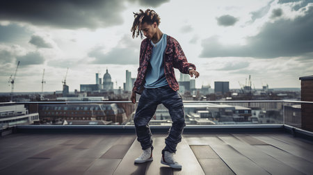 Young african american man with dreadlocks hairstyle and stylish clothes on the roofの素材