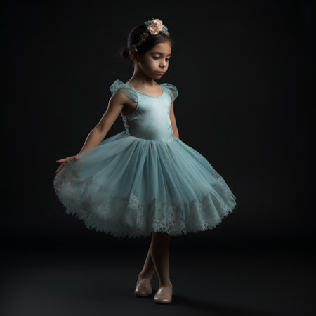 Little ballerina in a blue dress on a dark background.の素材