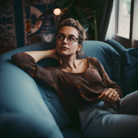 Portrait of a beautiful young woman in glasses sitting on the couch.の素材