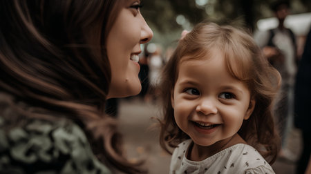 Portrait of a happy little girl with her mother in the parkの素材