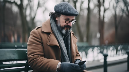 Handsome bearded man in a coat and glasses sitting on a benchの素材