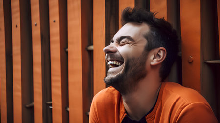 Portrait of a young man with a beard laughing in an orange shirtの素材