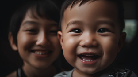 Portrait of two cute asian boy and girl smiling at cameraの素材