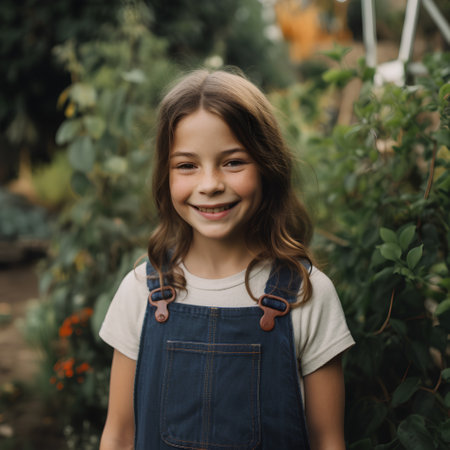 Portrait of a cute little girl in the garden, smiling and looking at camera.の素材