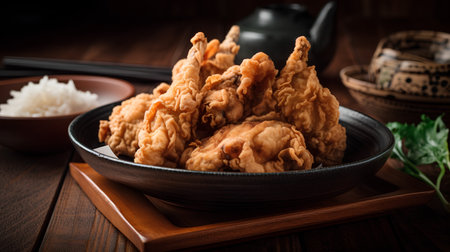 Fried chicken in a bowl on a wooden table. Japanese food.の素材