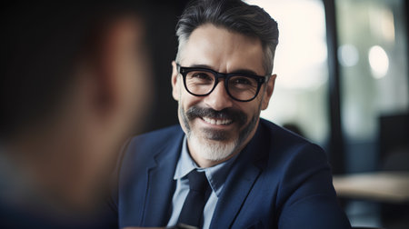 Portrait of mature businessman in eyeglasses looking at camera while sitting in officeの素材