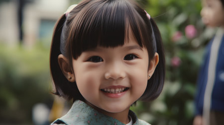 Japanese girl smiling (2 years old) in a park (shallow DOF)の素材