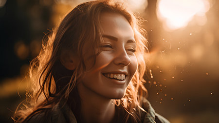 Close up portrait of a smiling young woman in the autumn forest.の素材