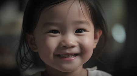 Portrait of a little Asian girl smiling at the camera in the darkの素材