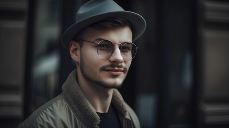 Portrait of a handsome young man in a hat and glasses. Men's beauty, fashion.の素材