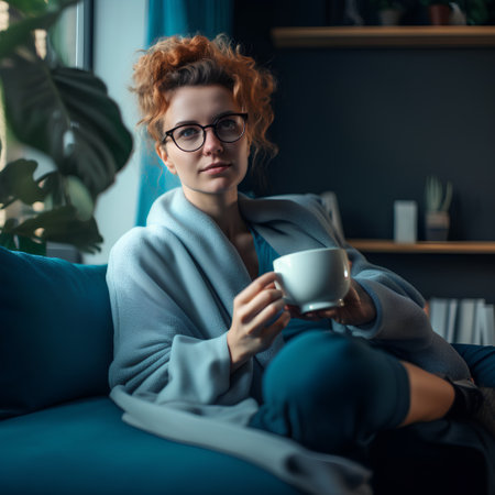 Beautiful girl in glasses with a cup of coffee at home.の素材