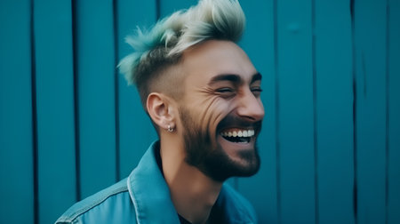 Portrait of a young man with blond hair on a blue backgroundの素材