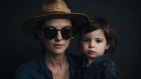Portrait of beautiful mother and her daughter in hats and sunglasses.の素材