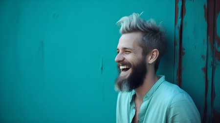 Portrait of a handsome young man with a beard and mustache on a green backgroundの素材