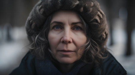 Portrait of a sad middle-aged woman in winter clothes.の素材