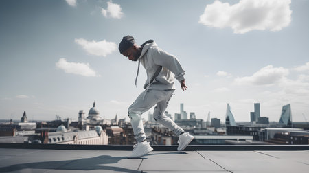 Stylish african american man in casual clothes is posing on the roof of the building.の素材
