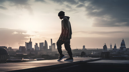 Man in a hoodie on the roof of a skyscraper at sunsetの素材