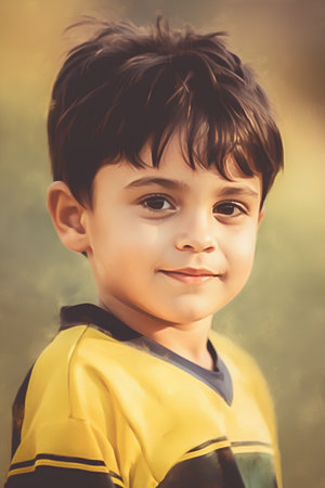 Portrait of a cute little boy in a yellow shirt and shortsの素材