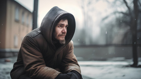 Portrait of a homeless man sitting on the street and looking at the cameraの素材