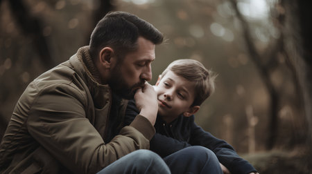 Father and son sitting in the autumn forest. The concept of a happy family.の素材