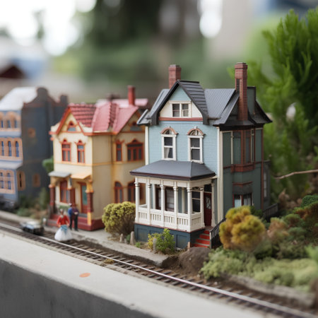 Miniature model of a house on the train tracks. Selective focus.の素材
