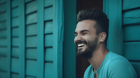 Portrait of a handsome young man laughing against the background of wooden doors.の素材