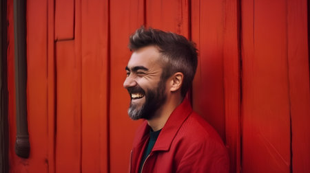 Portrait of a smiling young man in a red jacket on a red backgroundの素材