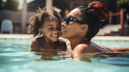 Happy african american mother and her daughter in swimming pool.の素材