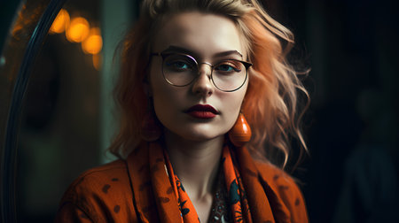 Fashionable young woman with red lips in orange jacket and glassesの素材
