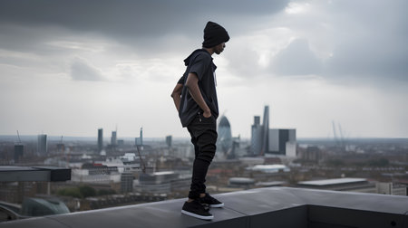 Hipster man standing on the roof of a skyscraper in Londonの素材