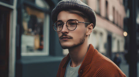 Handsome young man in glasses and a beret on the streetの素材