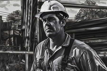 Portrait of a man in a construction site. Black and whiteの素材