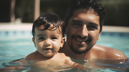 Father and son in swimming pool. Happy family having fun together.の素材