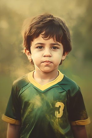 Little boy playing soccer. Portrait of a child in a field.の素材