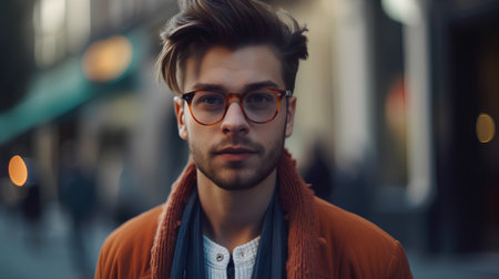 Portrait of a handsome young man with a beard and glasses in an urban settingの素材
