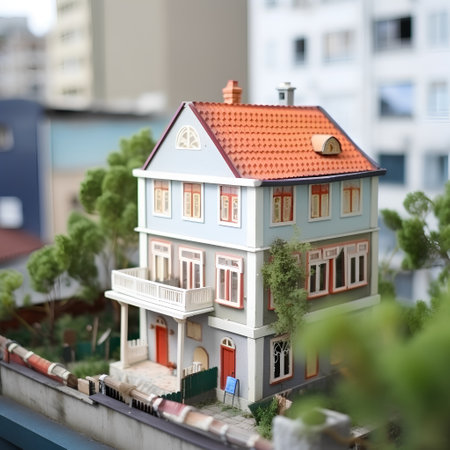 Miniature model of a house on the roof of a residential buildingの素材