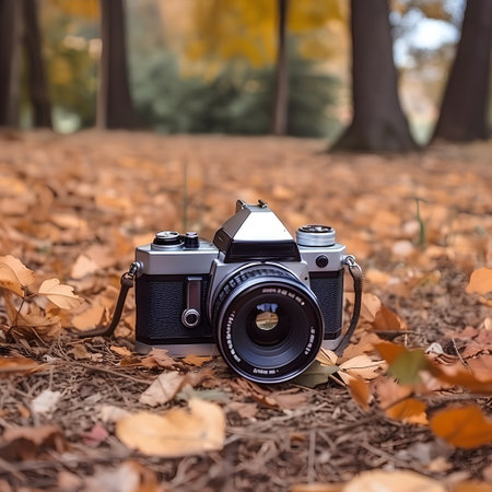 Vintage camera on fallen leaves in autumn forest. Focus on cameraの素材