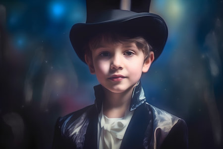 Portrait of a boy dressed as a magician with a magic wandの素材